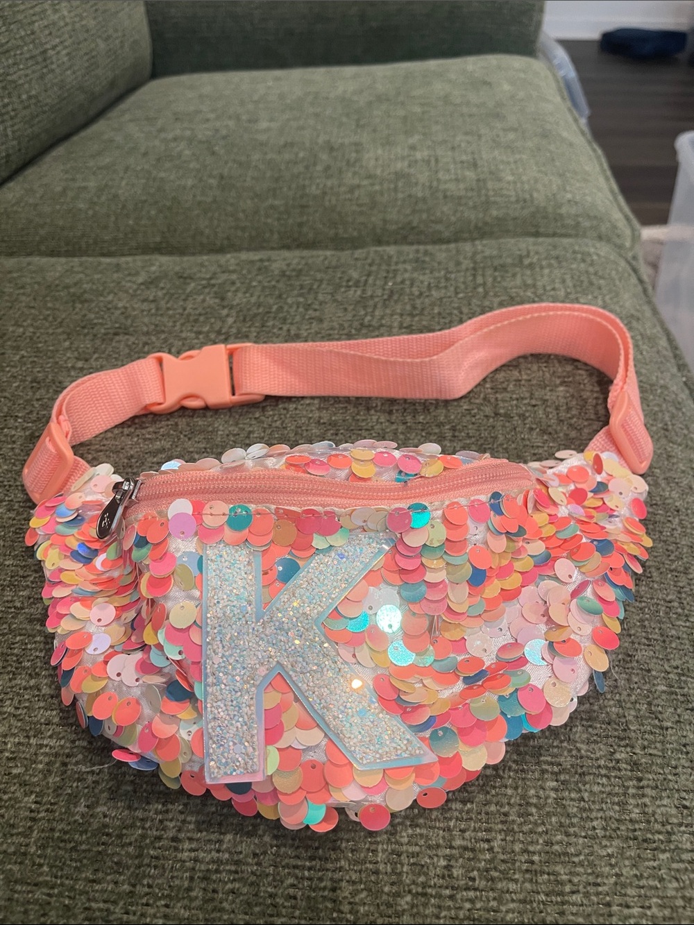 Justice-Kids Pink/Peach Sequin Fanny Pack with Glitter Initial K